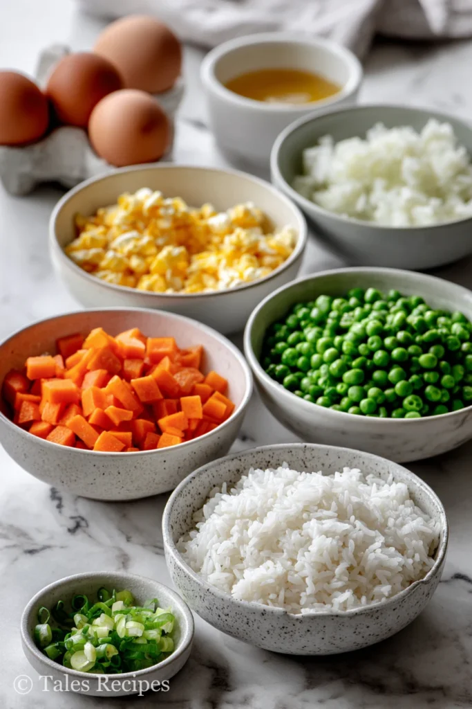 Ingredients for blackstone fried rice recipe arranged in bowls for easy prep