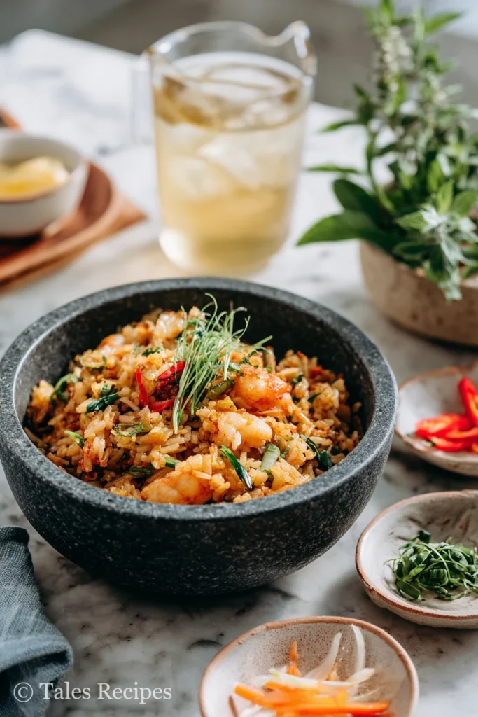 Blackstone fried rice recipe alongside side dishes such as spring rolls and iced tea