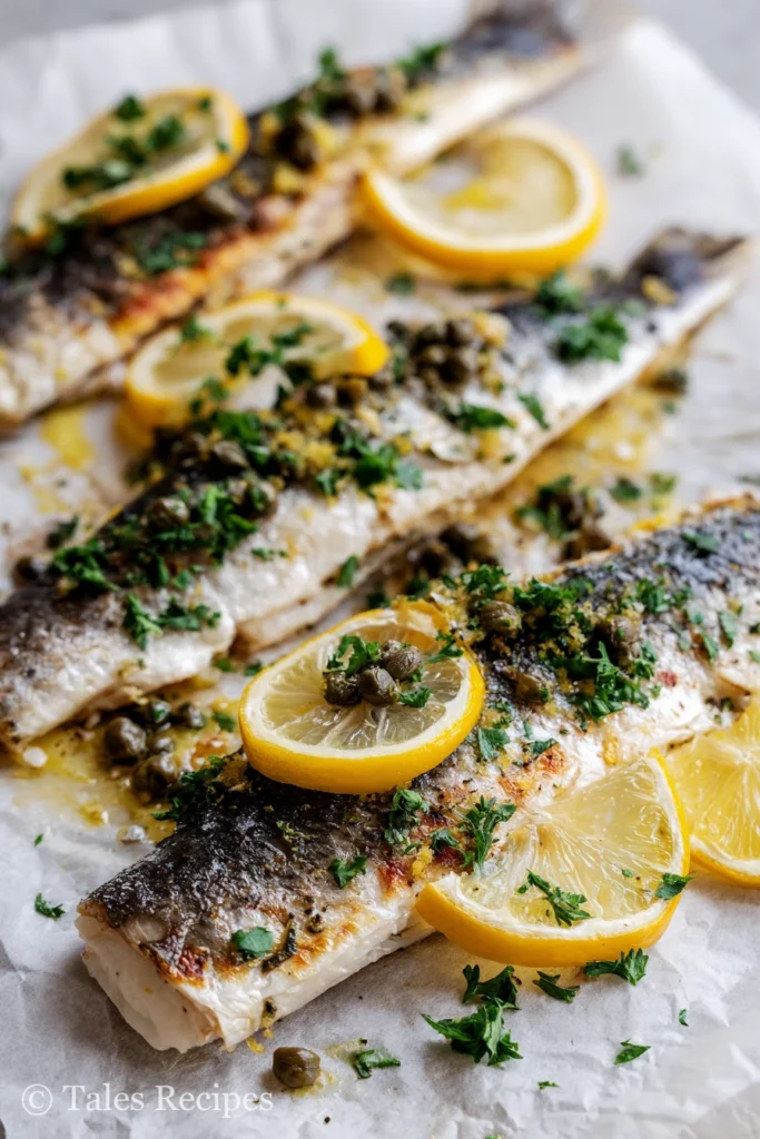 Baked branzino fillet recipe with lemon, parsley, and capers on parchment