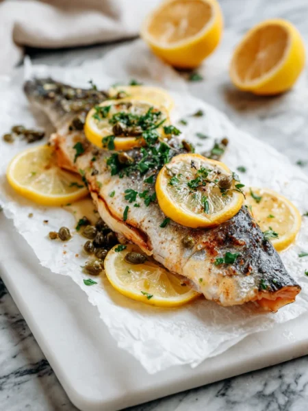Plated branzino fillet recipe finished with lemon, herbs, and capers on marble