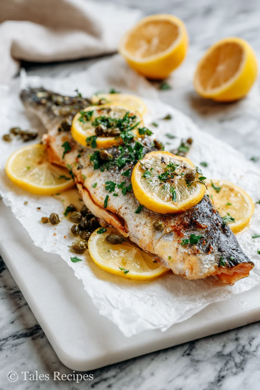 Plated branzino fillet recipe finished with lemon, herbs, and capers on marble