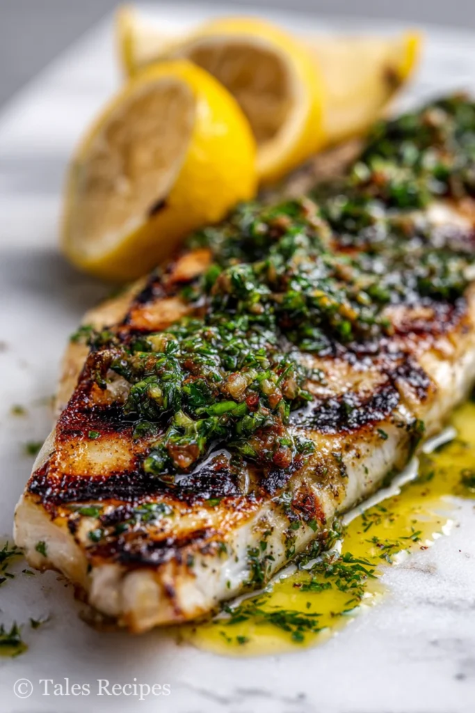 Grilled branzino fillet recipe topped with sauce and lemon wedges on marble