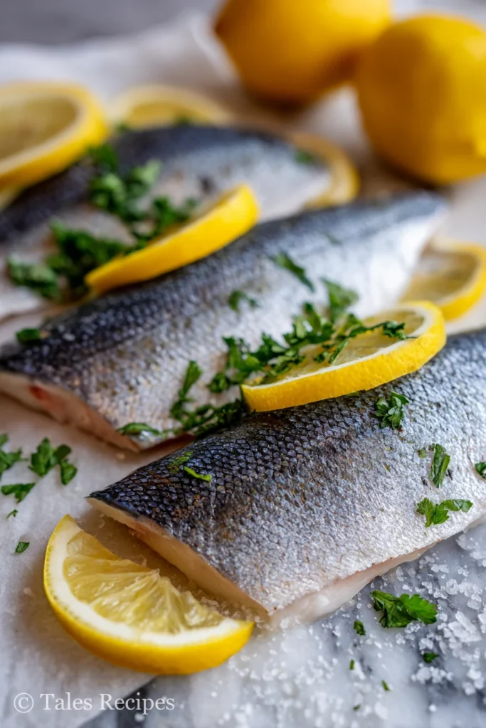 Fresh branzino fillet recipe ingredients with lemon and parsley on marble