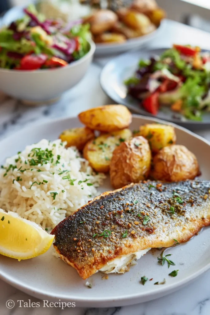 Branzino fillet recipe paired with rice, potatoes, and salad for family meal