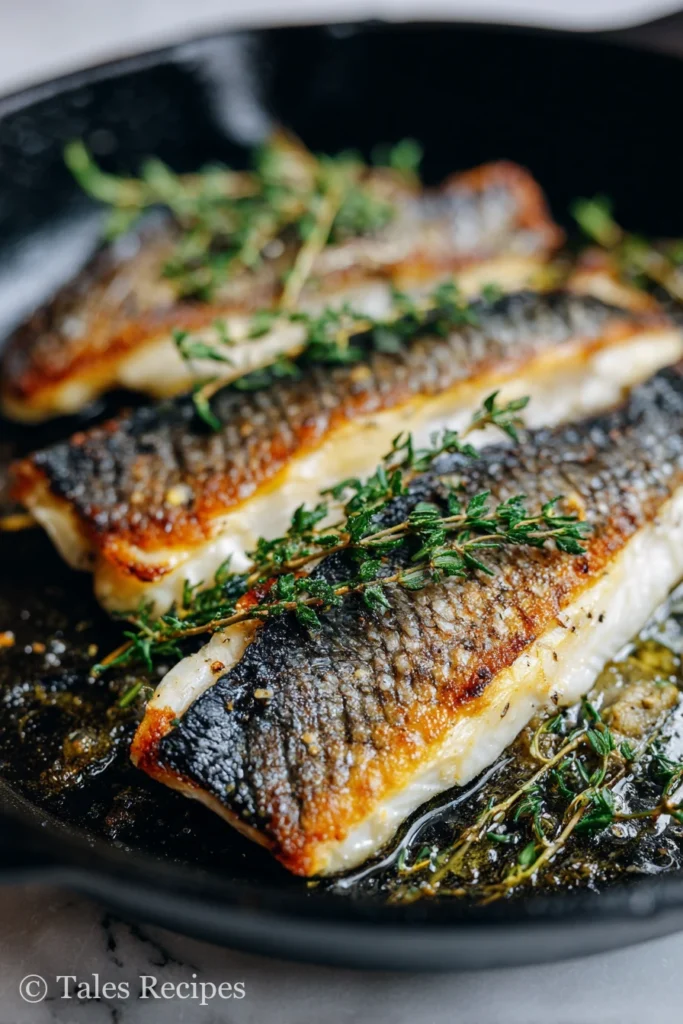 Pan-seared branzino fillet recipe showing golden crispy skin in skillet