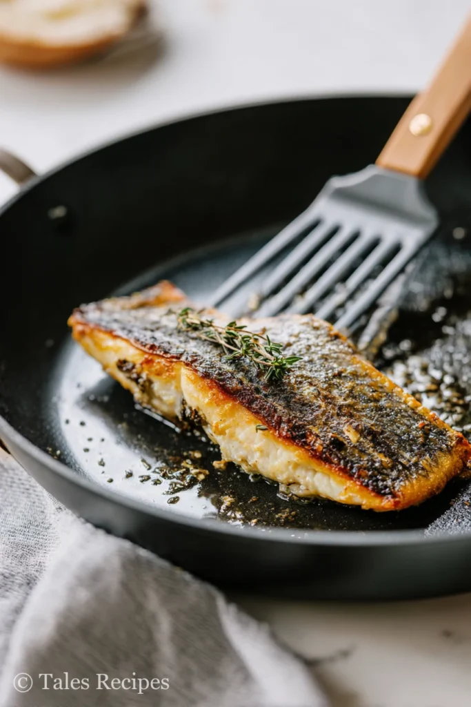 Nonstick technique for branzino fillet recipe with spatula lifting seared fillet