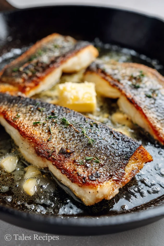 Pan-seared branzino fillet in skillet as part of easy branzino recipe