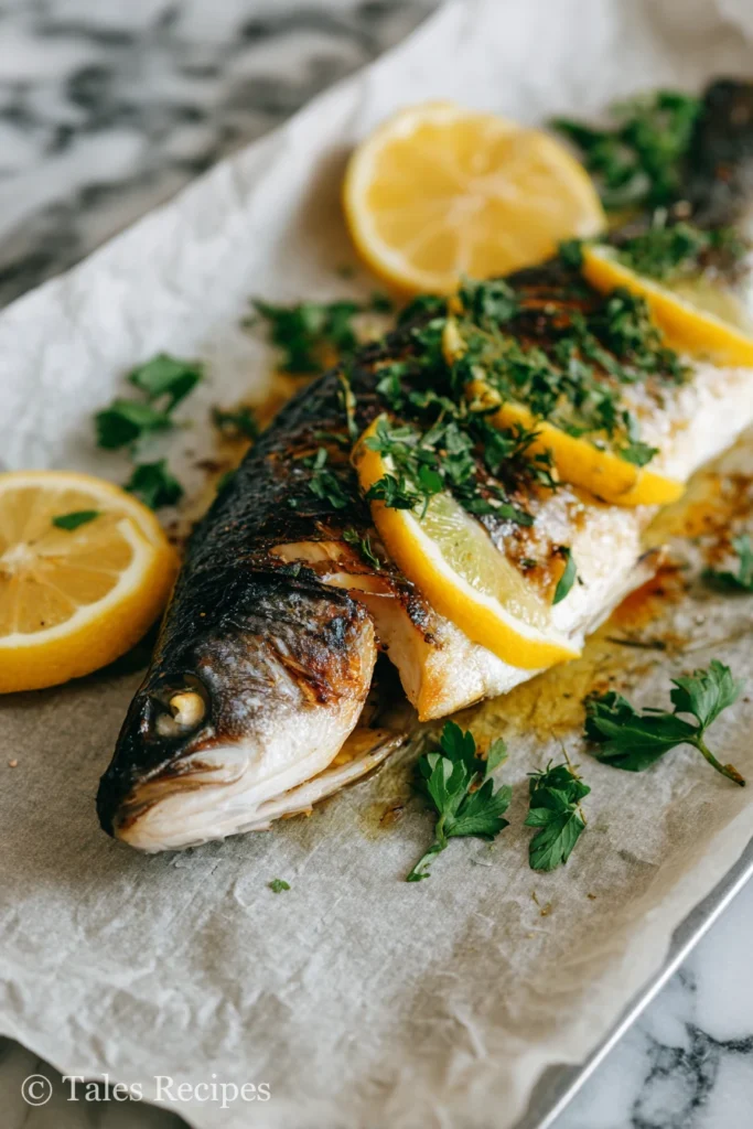 Oven-roasted branzino for a branzino recipe with golden skin and lemon