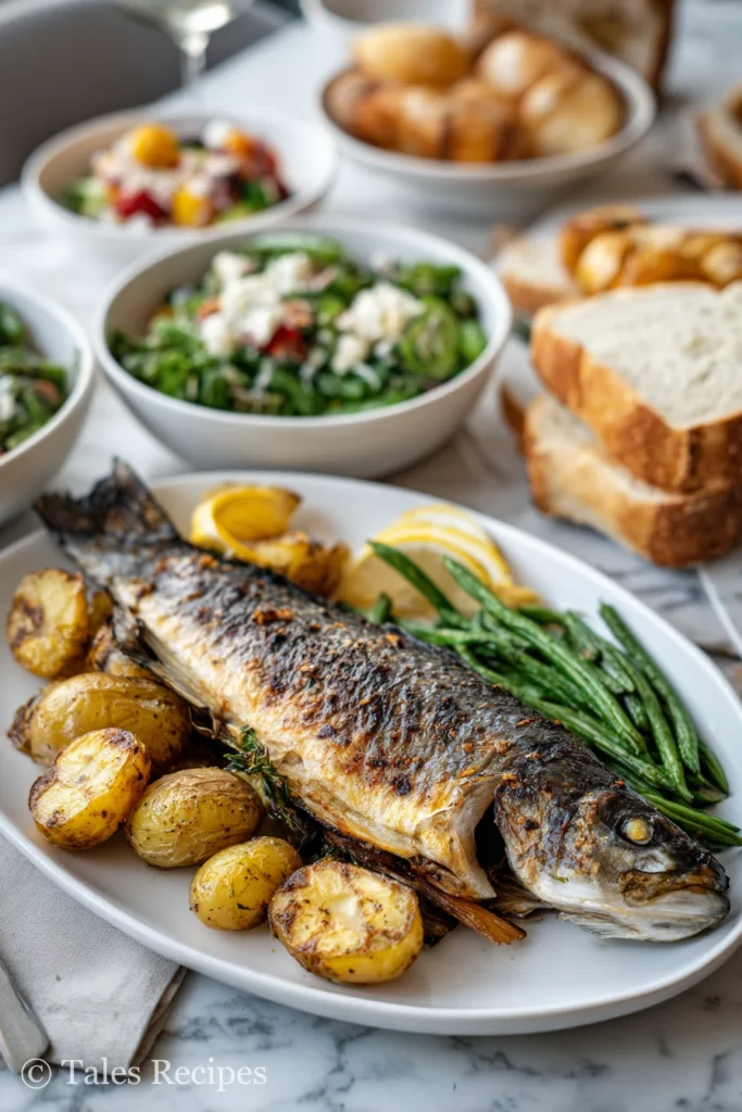 Branzino recipe with side dishes like potatoes, salad, and bread for a complete meal