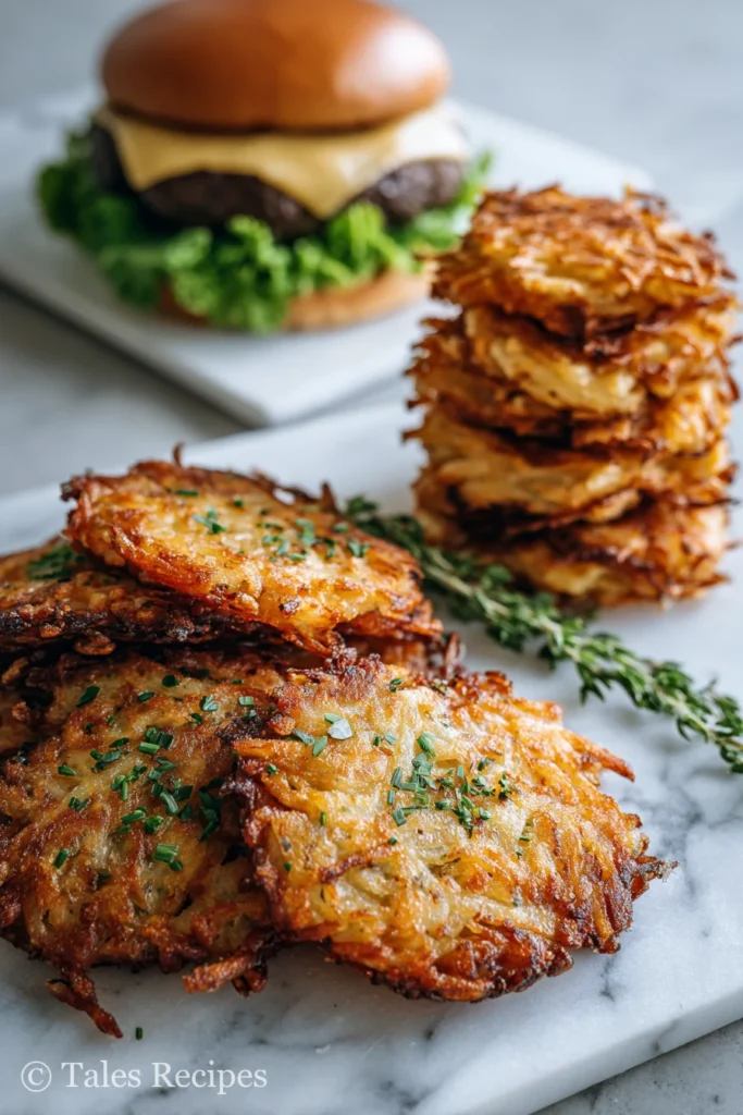 Crispy hashbrowns served beside burger for smash burger recipe Blackstone