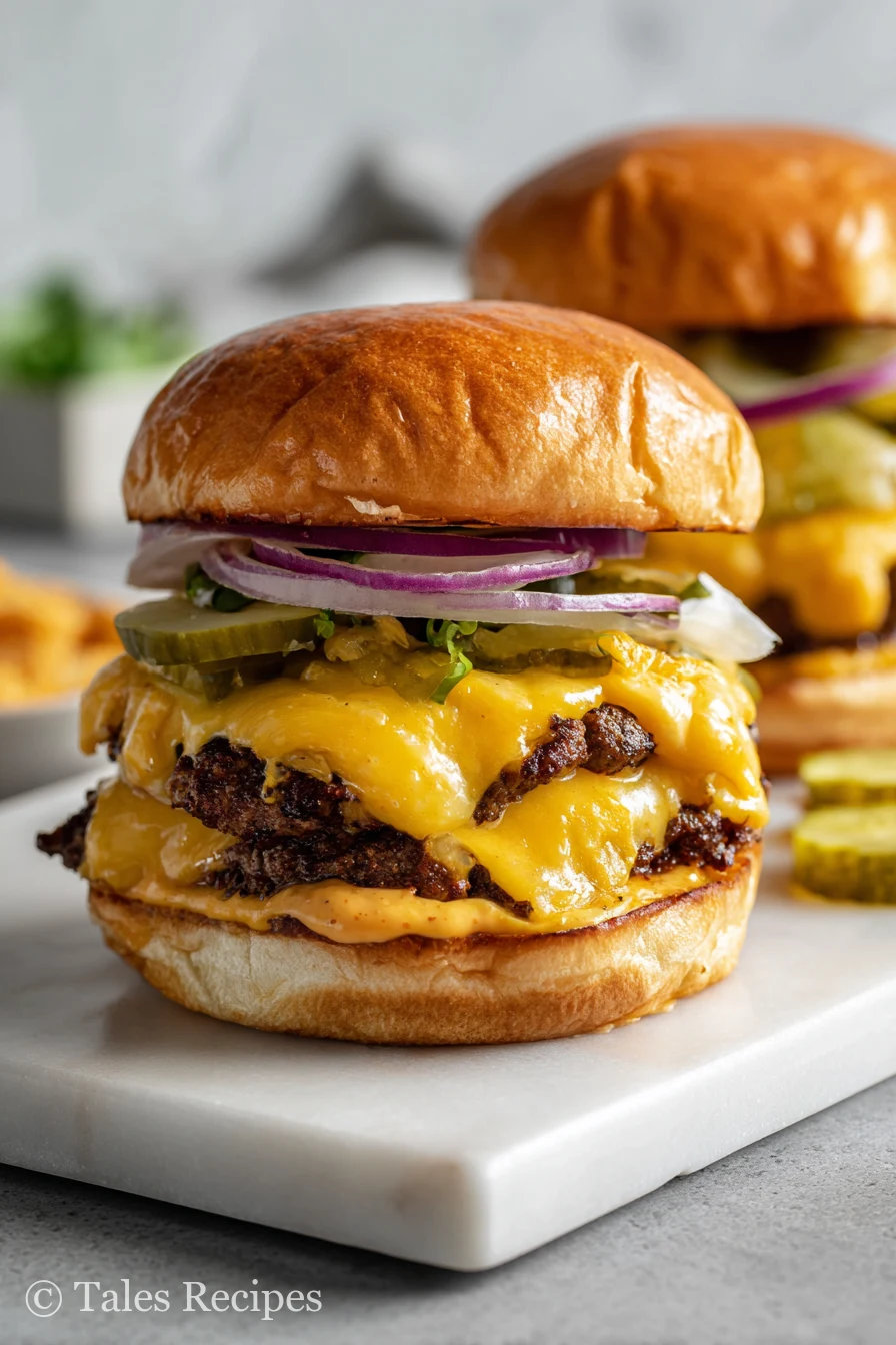 Crispy Blackstone smash burger recipe stacked with cheese and toppings on marble