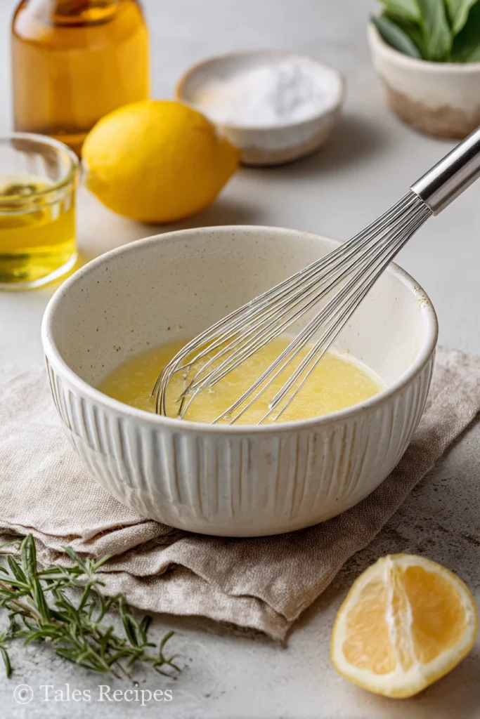 Whisking egg and lemon mixture for greek lemon rice soup next to ladle of hot broth.