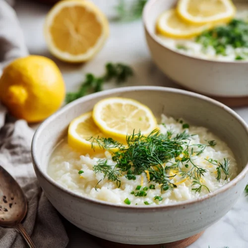 Bowl of greek lemon rice soup with dill and lemon slices on white marble background.