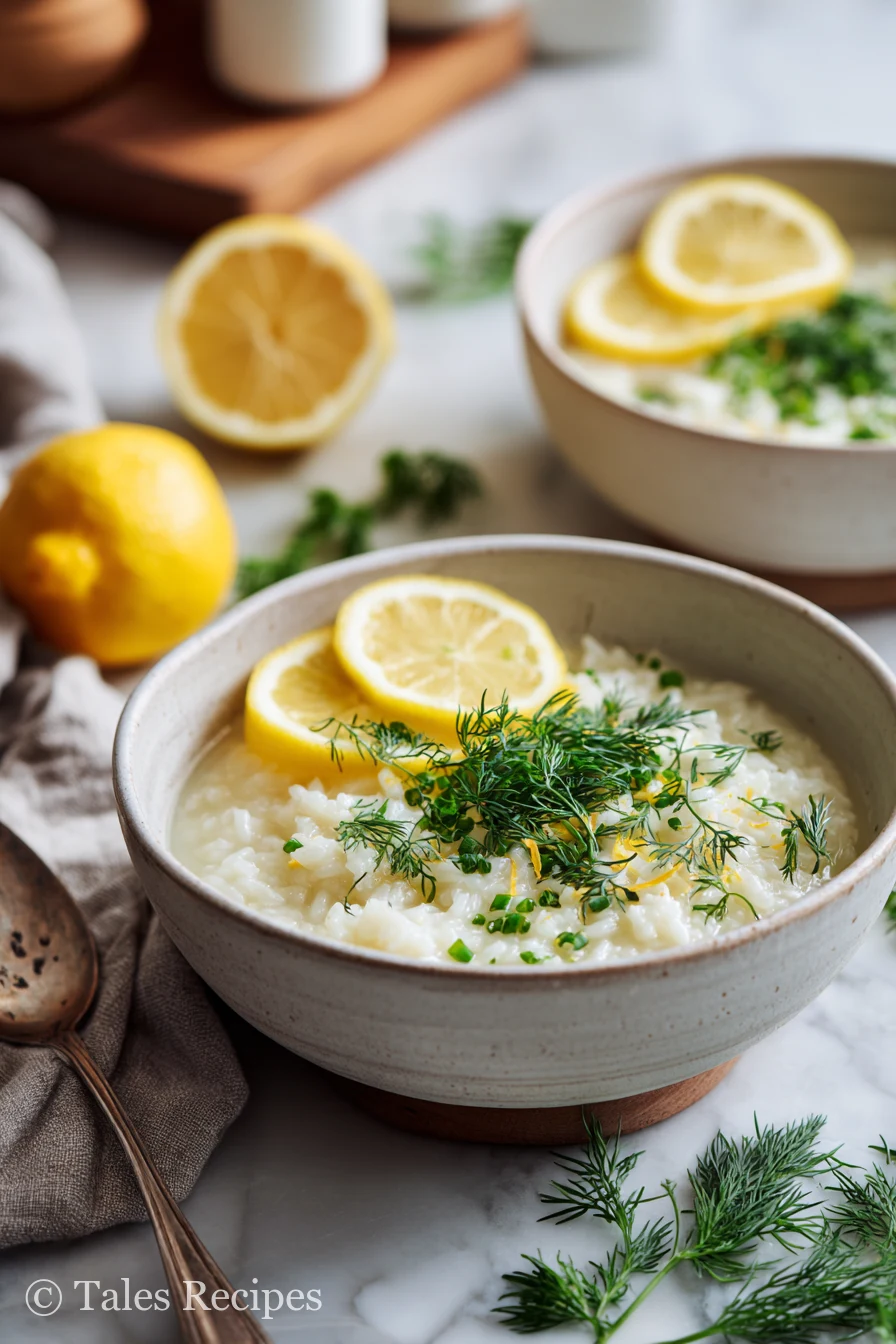 Bowl of greek lemon rice soup with dill and lemon slices on white marble background.