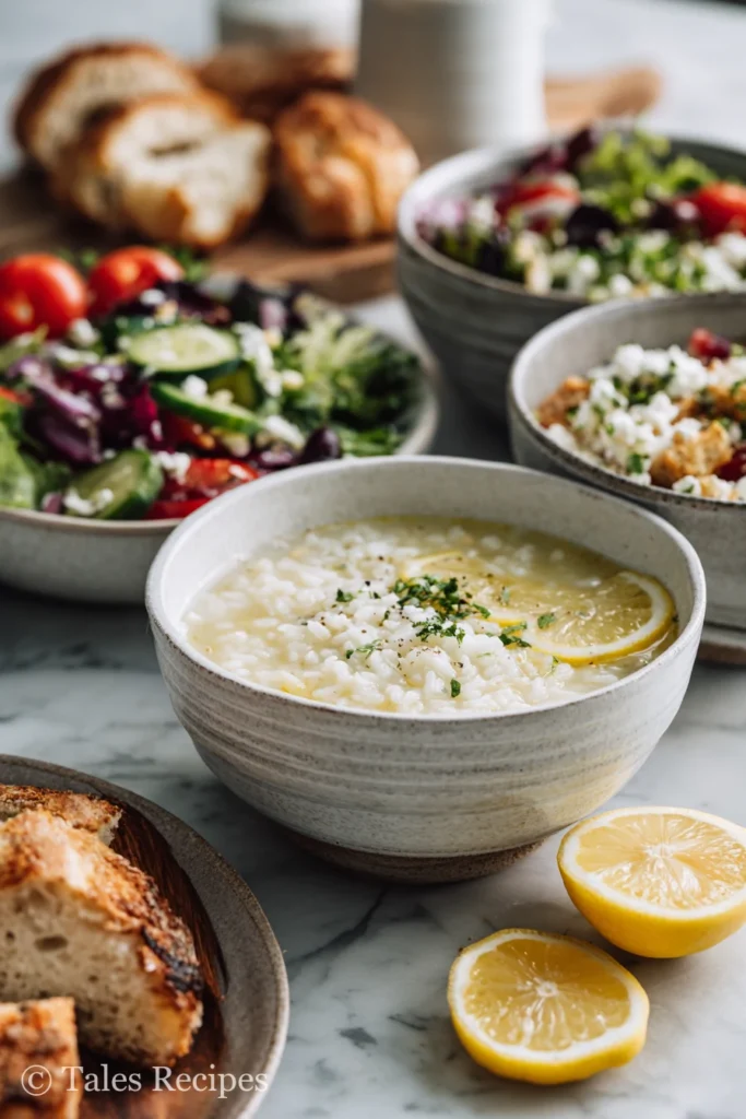Greek lemon rice soup surrounded by Mediterranean salads and breads for the perfect meal pairing.