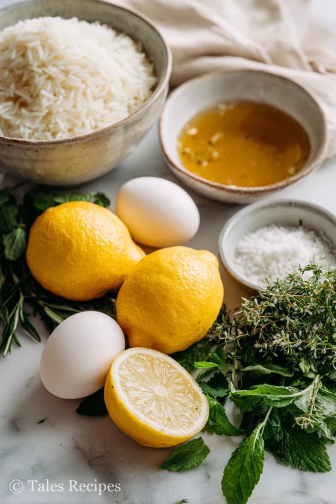 Fresh ingredients for greek lemon rice soup including lemon, rice, eggs, broth, and herbs on marble.