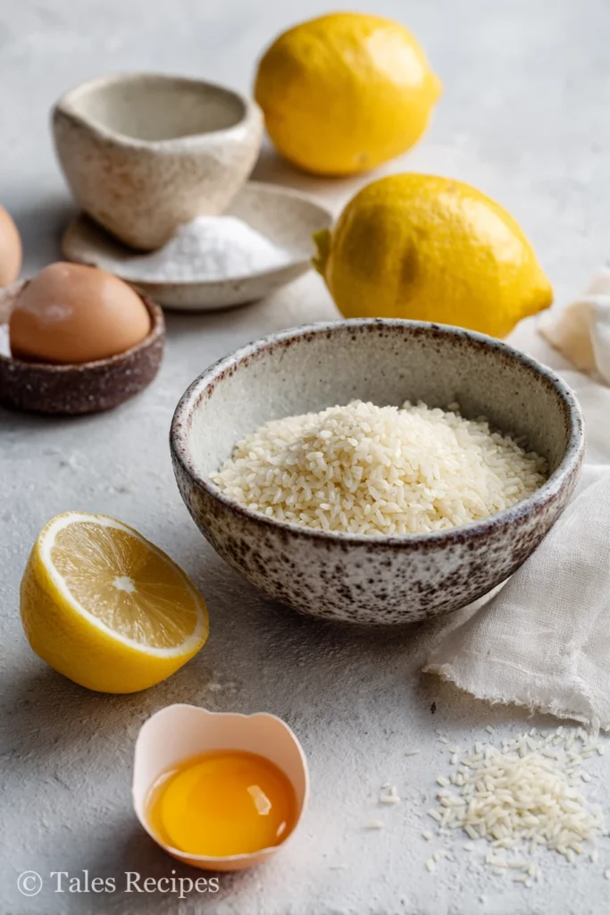 Traditional greek lemon rice soup ingredients with eggs, lemon, and rice in a rustic bowl.