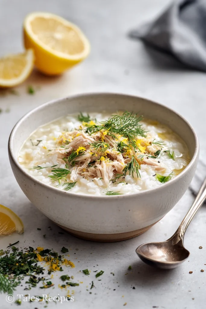 Finished greek lemon rice soup with chicken, dill, and lemon zest garnished on white marble.