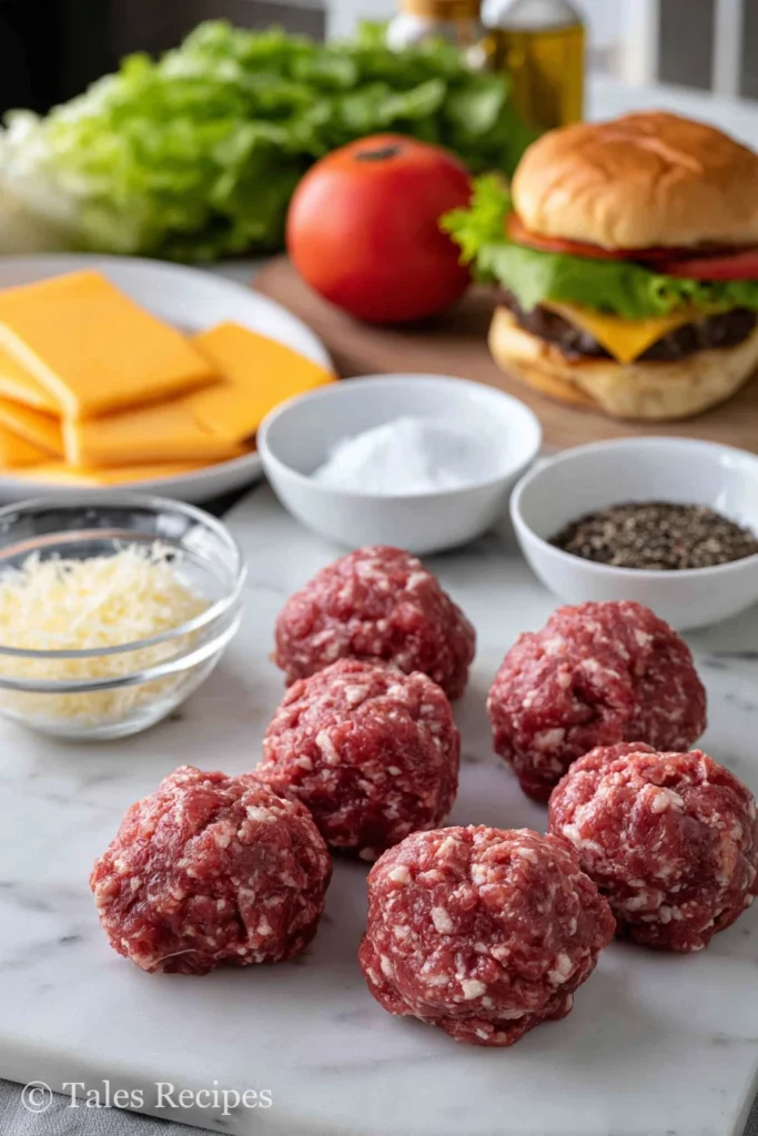Ingredients for smash burger recipe Blackstone with beef, buns, and seasonings