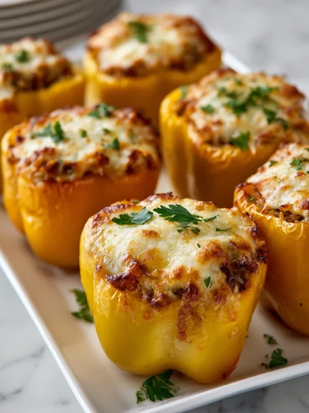 Old fashioned stuffed bell peppers with rice arranged in baking dish with cheese and herbs