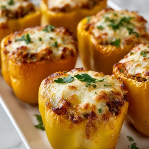 Old fashioned stuffed bell peppers with rice arranged in baking dish with cheese and herbs