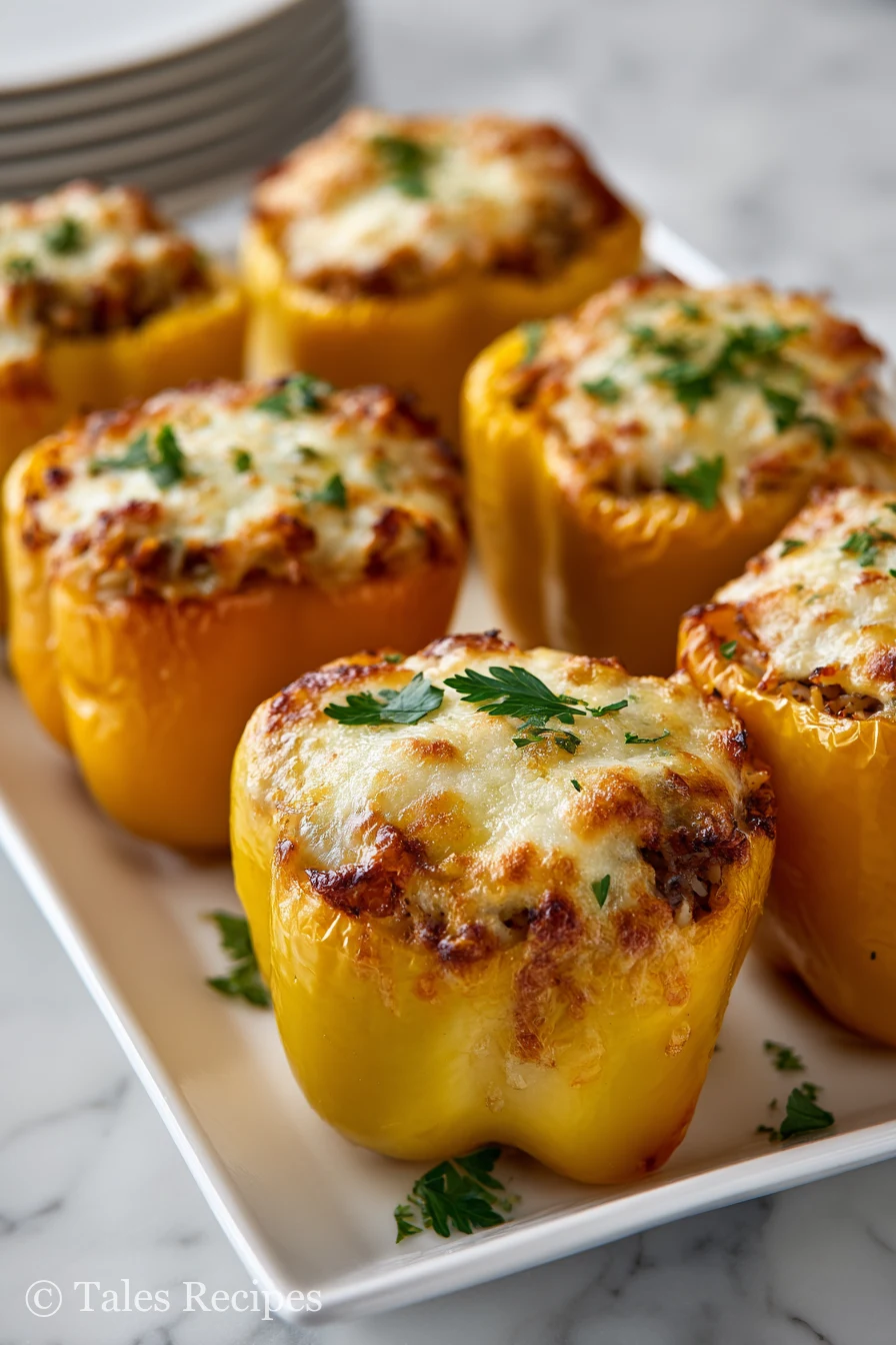 Old fashioned stuffed bell peppers with rice arranged in baking dish with cheese and herbs