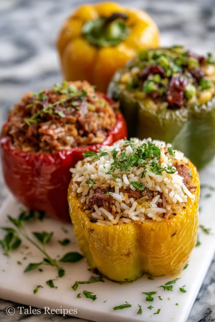 Cultural versions of old fashioned stuffed bell peppers with rice in colorful varieties