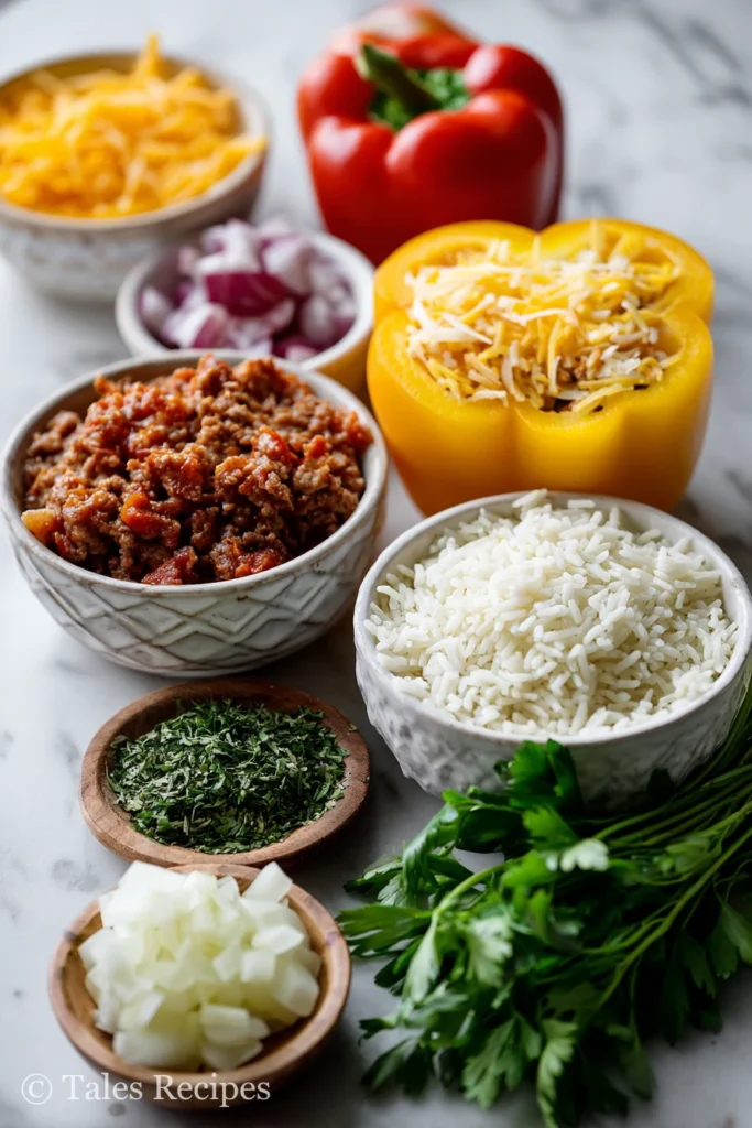 Key ingredients for old fashioned stuffed bell peppers with rice on white background