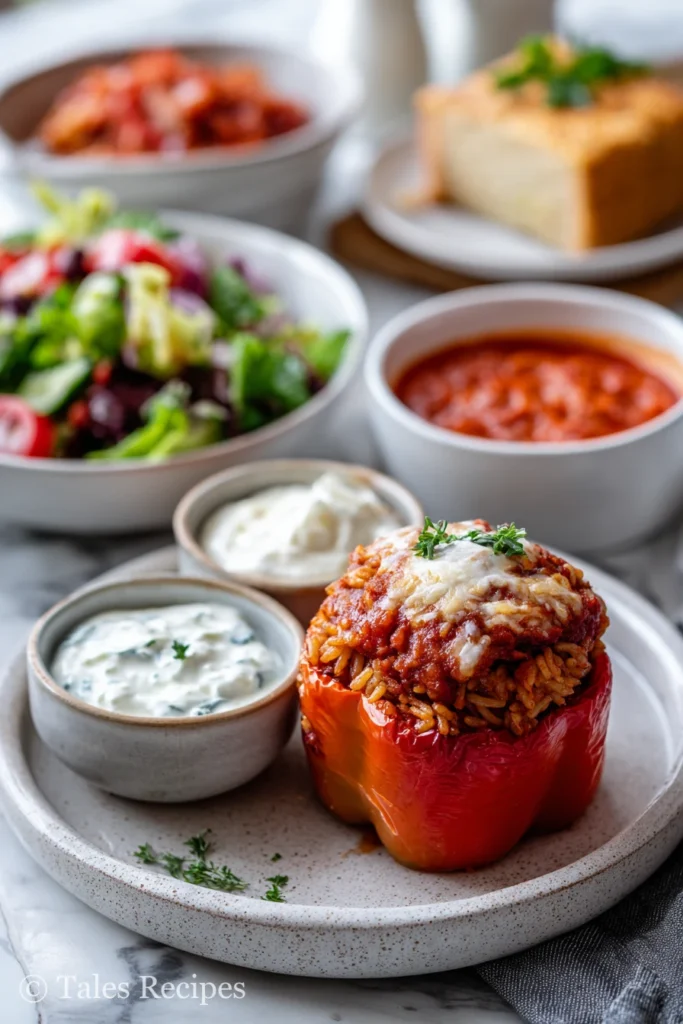 Meal pairing with old fashioned stuffed bell peppers with rice with breads salad and sauces