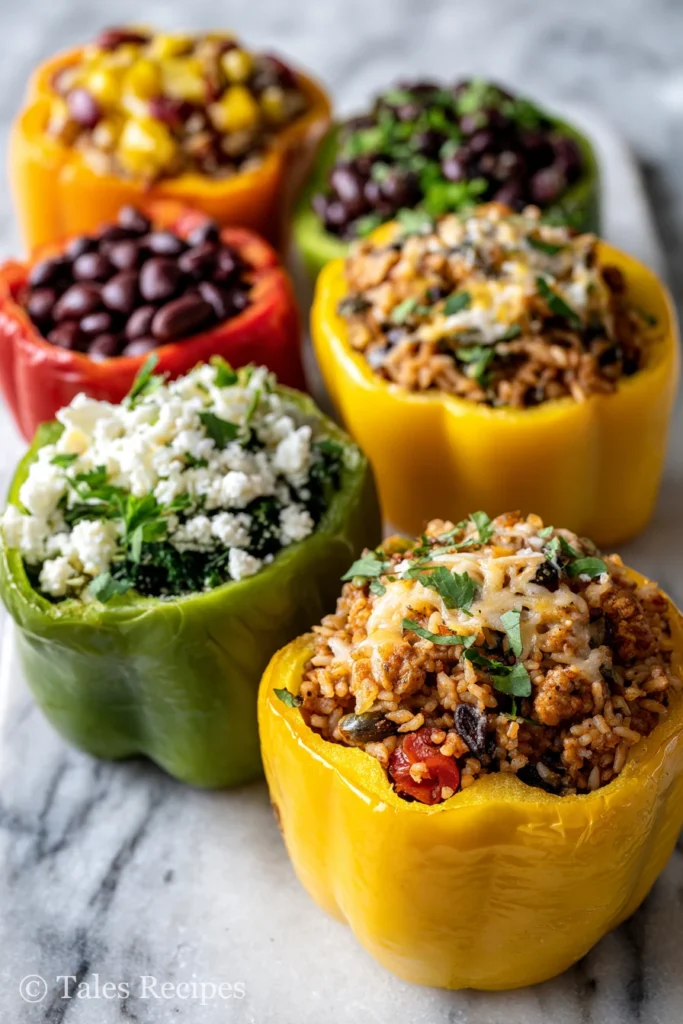 Different variations of old fashioned stuffed bell peppers with rice fillings displayed