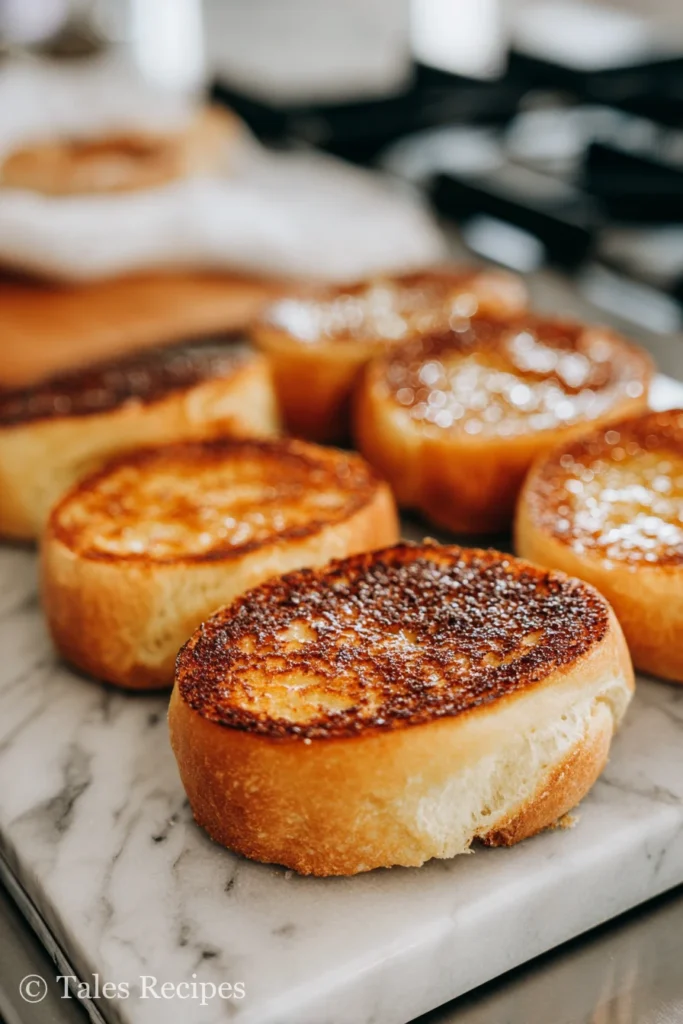 Toasted brioche buns on marble for smash burger recipe Blackstone