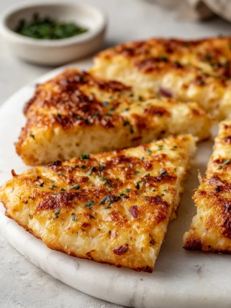 3 ingredient cottage cheese pizza crust golden brown and sliced on marble background
