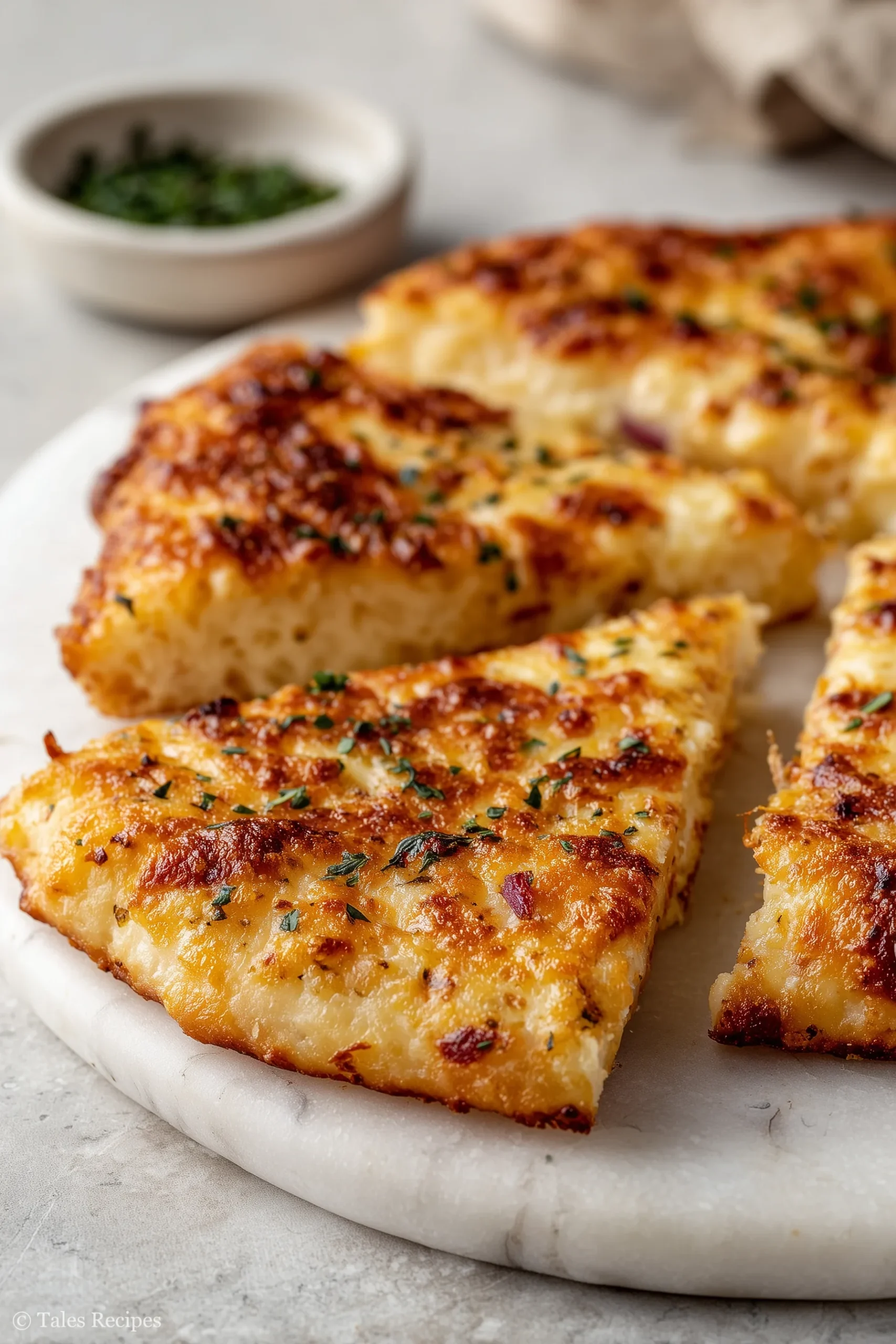3 ingredient cottage cheese pizza crust golden brown and sliced on marble background