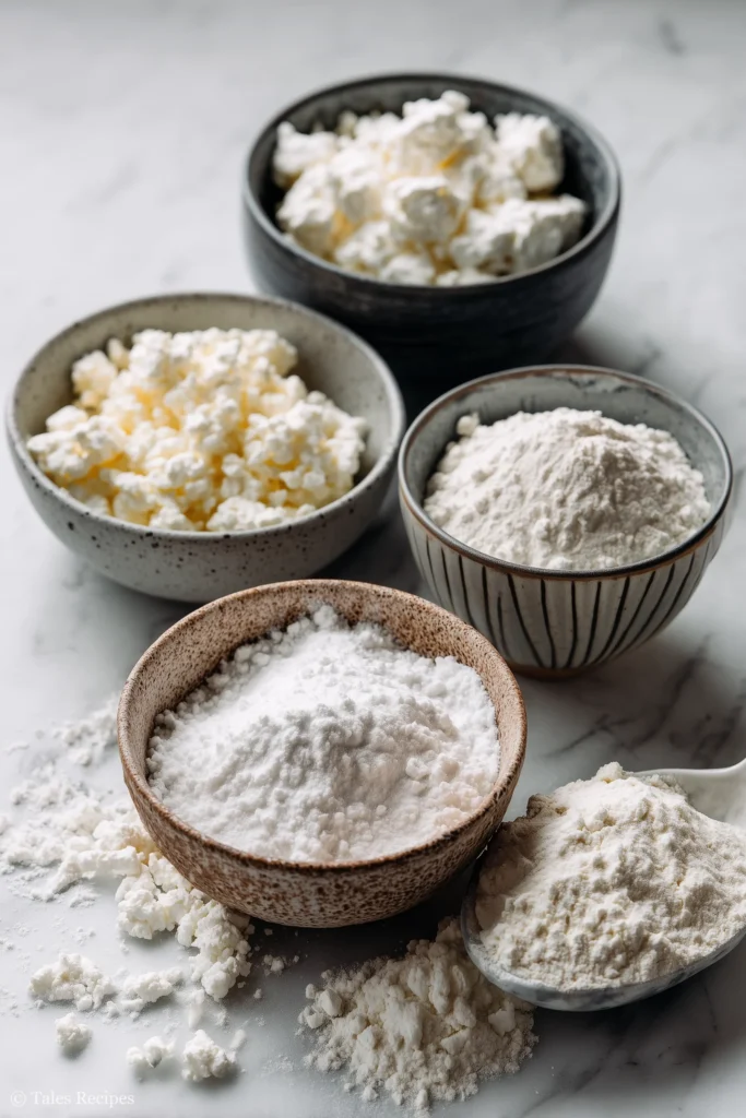 Three main ingredients for 3 ingredient cottage cheese pizza crust in bowls on white marble