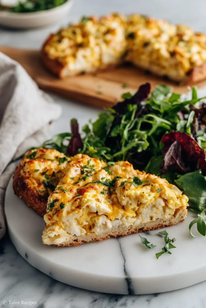 3 ingredient cottage cheese pizza crust topped for breakfast with salad on side