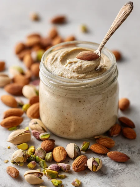 Creamy almond pistachio butter in a glass jar surrounded by roasted almonds and pistachios