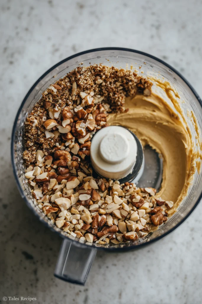 Food processor blending almonds and pistachios into creamy almond pistachio butter