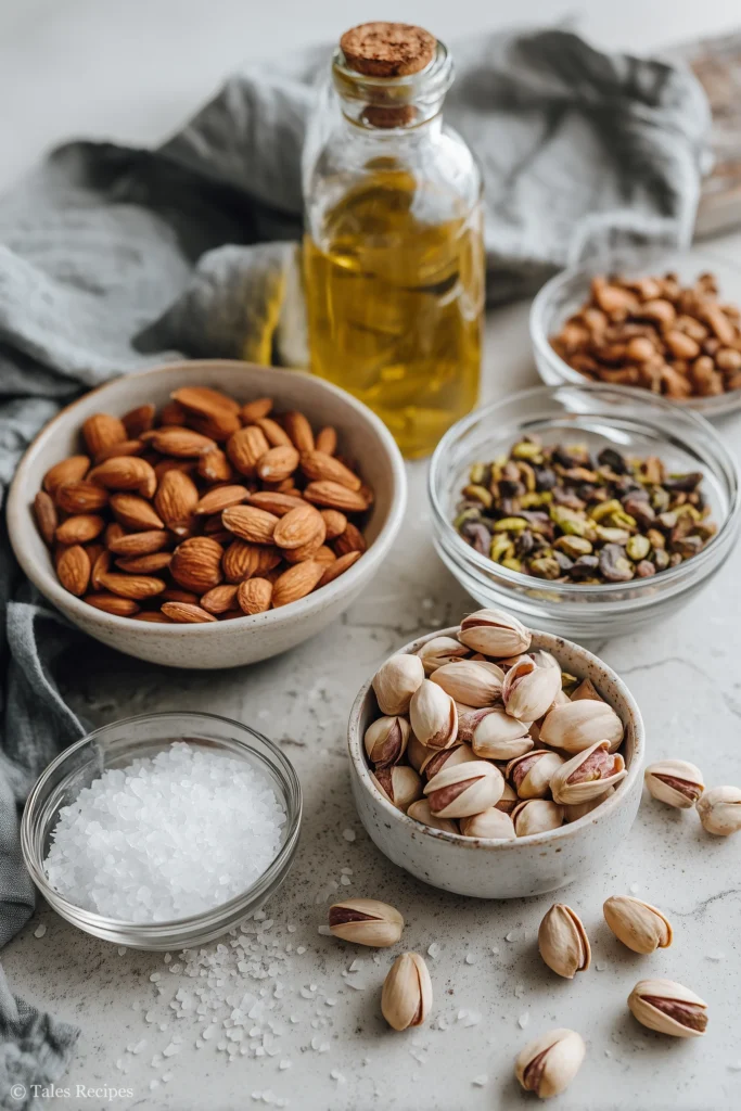 Roasted almonds and pistachios with salt for making almond pistachio butter