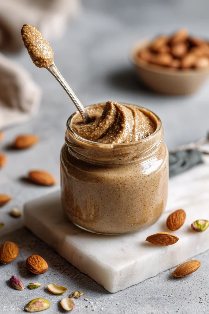 Spoonful of almond pistachio butter served from a jar for snacking