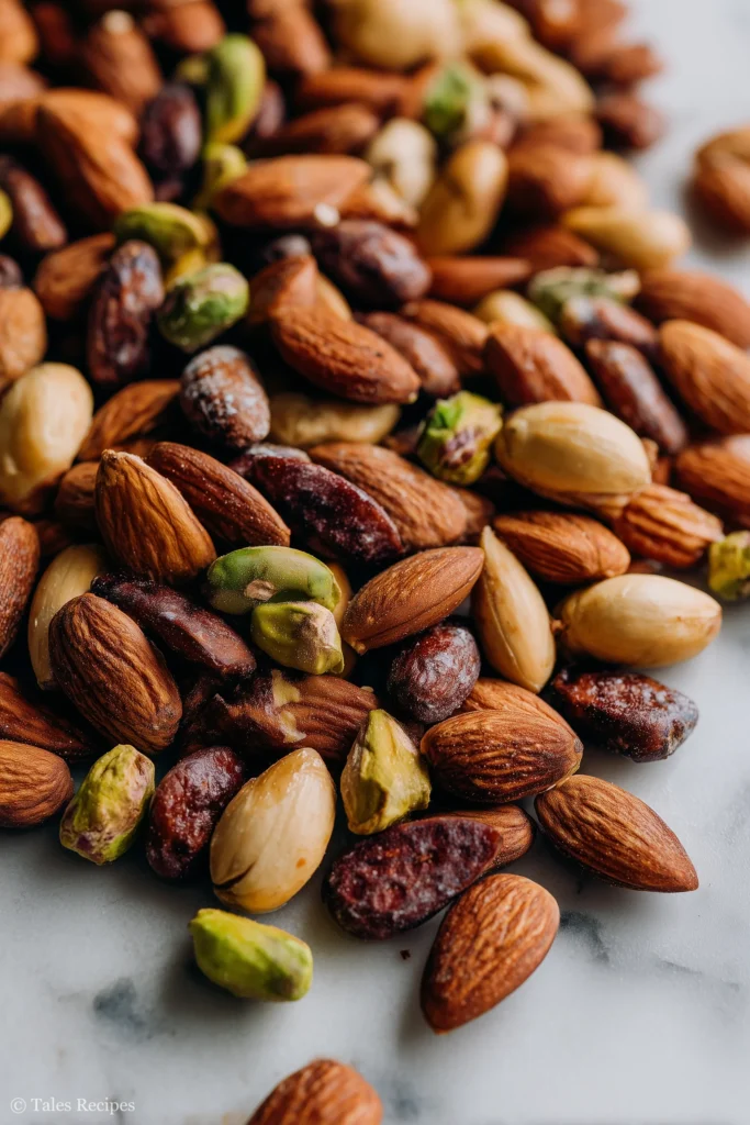 Roasted almonds and pistachios toasting on a tray for almond pistachio butter