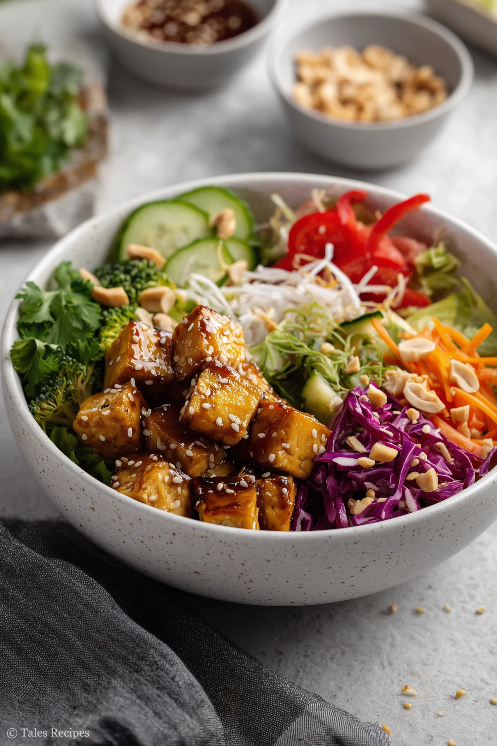 Featured asian tofu salad with crispy tofu and vibrant vegetables in a white bowl