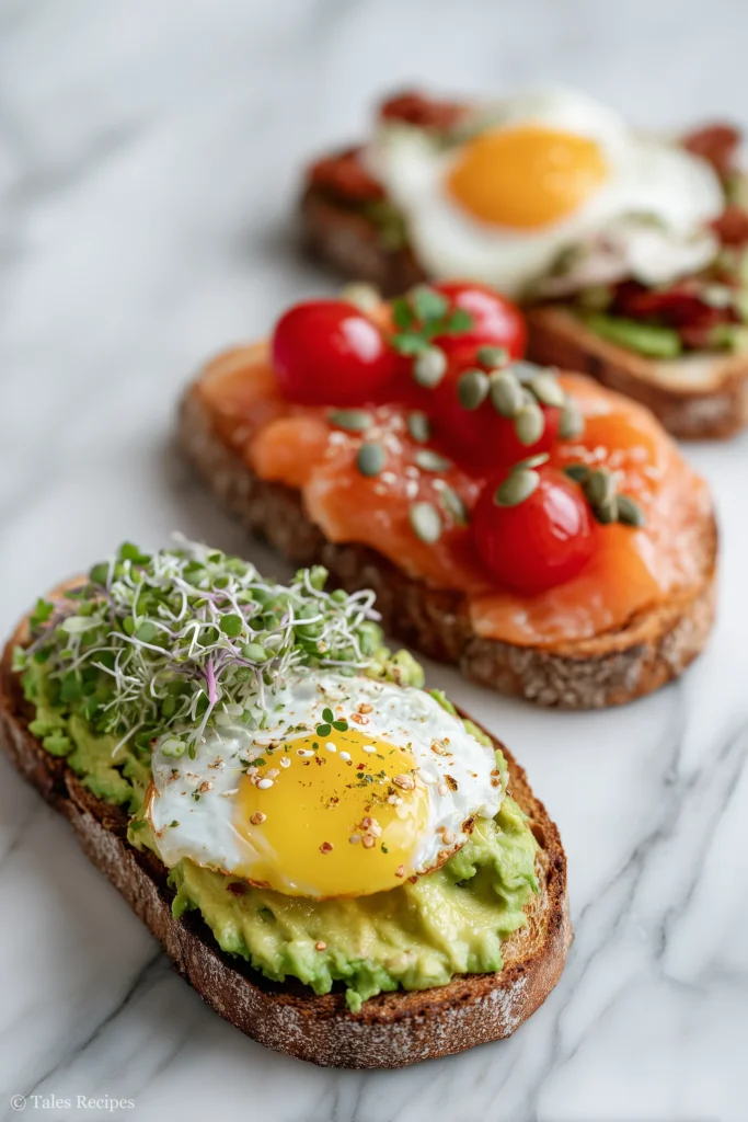 Avocado toast with egg, smoked salmon, and tomato toppings on white background