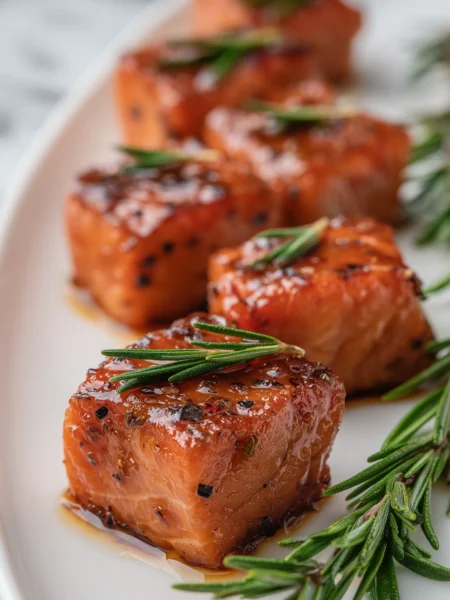 Balsamic rosemary salmon bites arranged with fresh rosemary and glaze on white marble