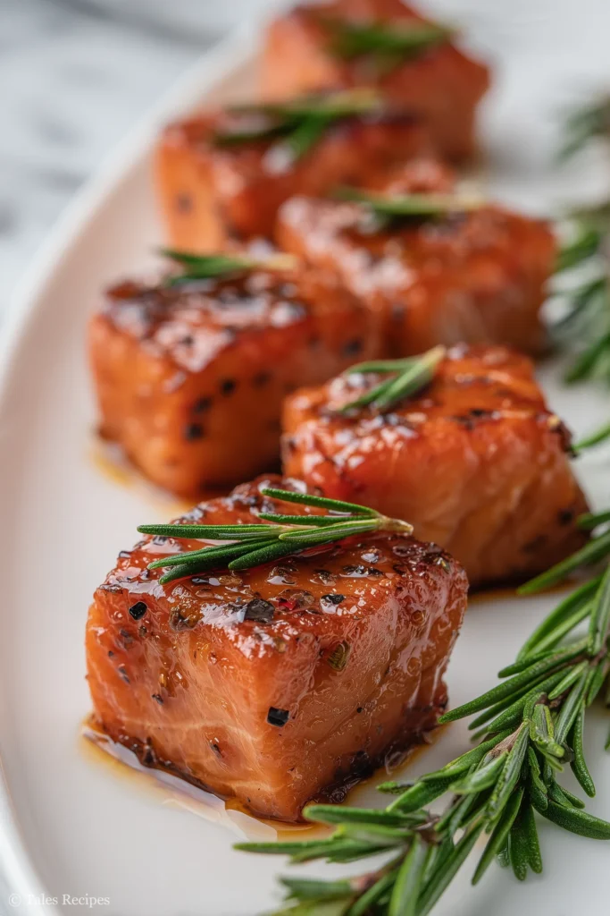 Balsamic rosemary salmon bites arranged with fresh rosemary and glaze on white marble