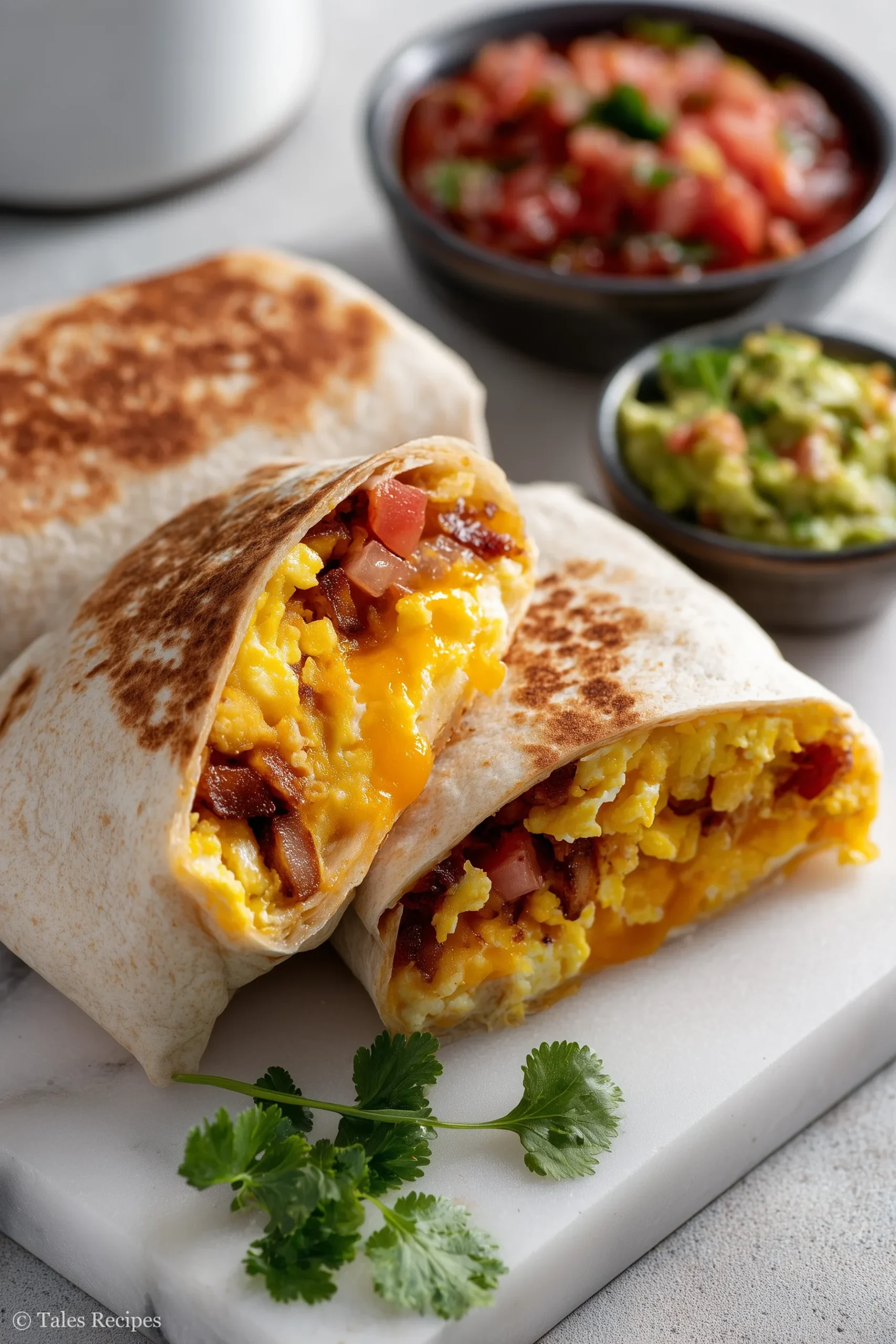 Golden blackstone breakfast burrito with hash browns eggs sausage and cheese cut open