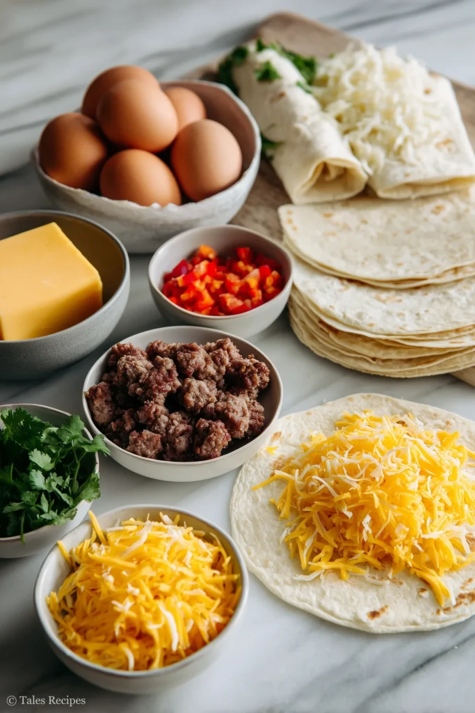 Blackstone breakfast burrito ingredients sausage hash browns eggs cheese tortillas and peppers on marble