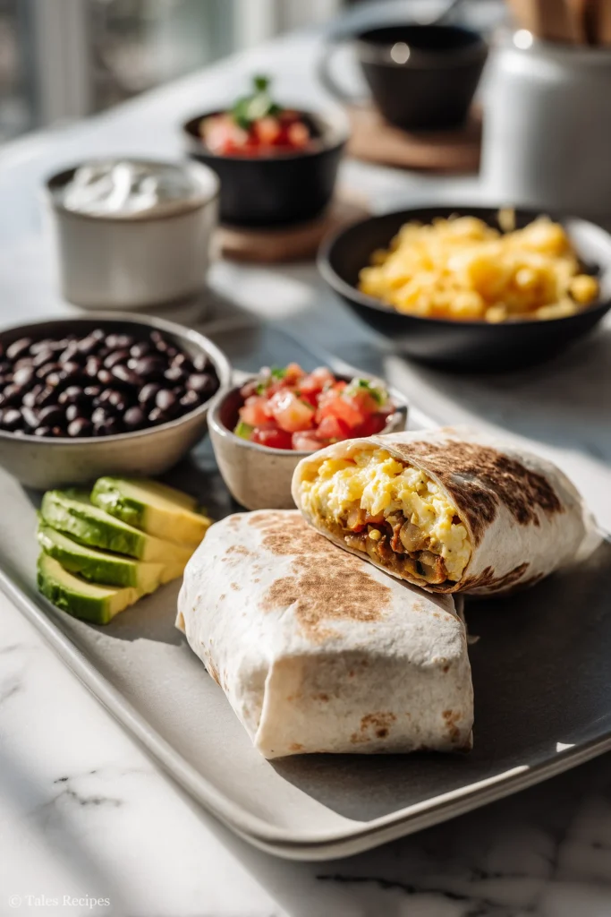 Blackstone breakfast burrito with avocado salsa black beans and fruit plated for serving