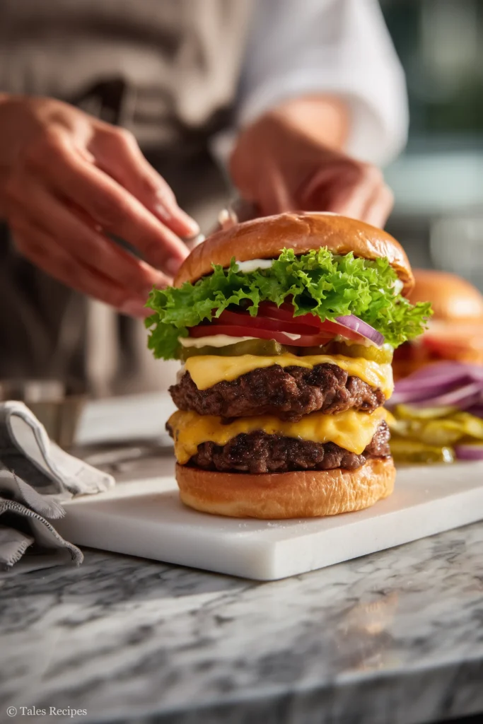 Assembled Blackstone smash burger with lettuce, tomato, pickles, and sauce on toasted bun