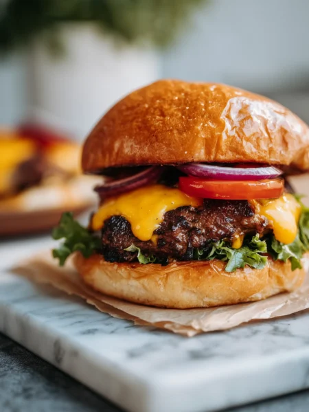 Classic Blackstone smash burger with cheese and lettuce on a toasted bun on marble