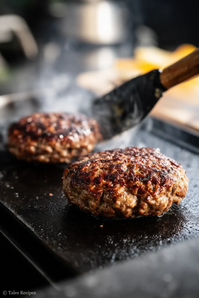 Beef patties being smashed on Blackstone griddle for classic smash burger crust